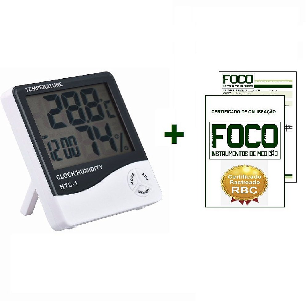 Termo-higrômetro Digital com Certificado de Calibração -10 a 50°C 10 a  99%UR HTC-1 - Foco Instrumentos