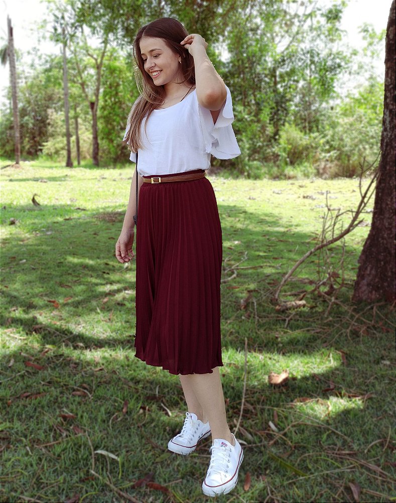 saia plissada marsala longa