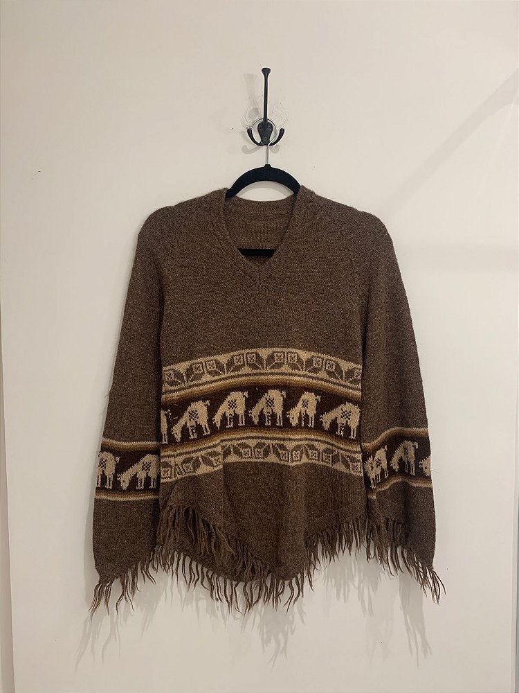 Casaco de tricot marrom estampa tribal franjas P - Second Hand / Brecho