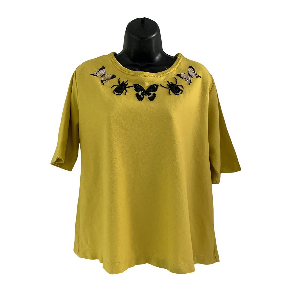 ANIMALE Top cropped moletom amarelo bordado aranha e borboleta tamanho P - Second Hand / Brecho