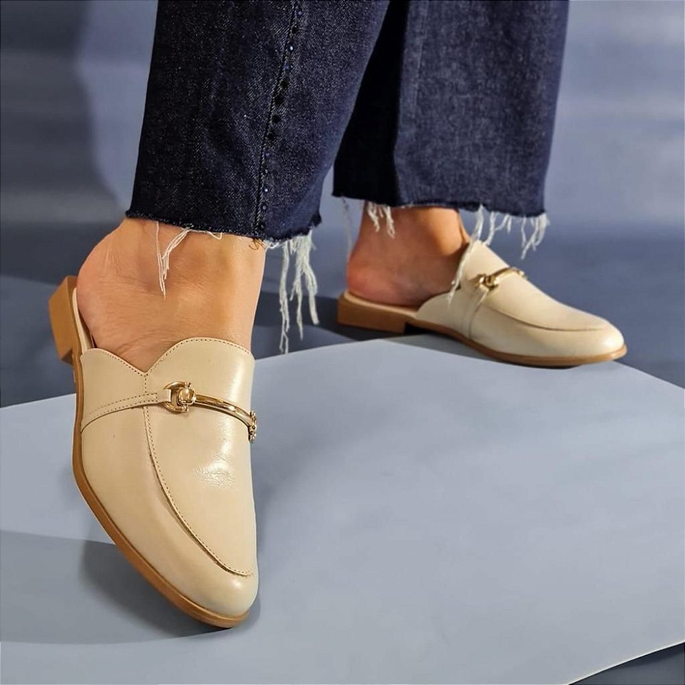 Mule Mocassim Napa Off White - Site Rosa Calçados Femininos