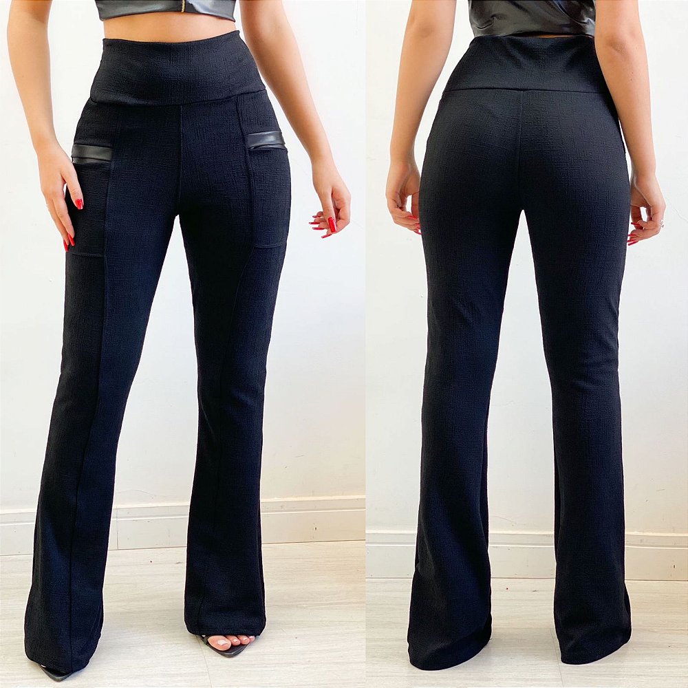 Boca Larga CalÃ§a Flare Preta Jeans CalÃ§a Flare Preta Lycra Calça