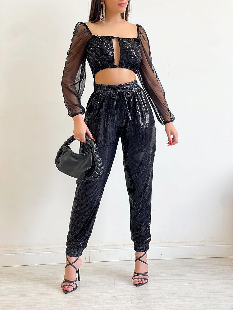 Com Calça CalÃ§a Jogger Feminina Paete Calça Jogger Paetê Empório