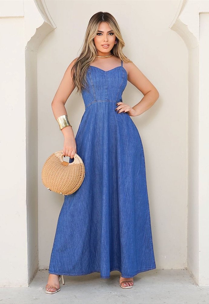 Vestido Longo Vestido Evase Jeans Vestido Jeans Evase Recorte Gazzy