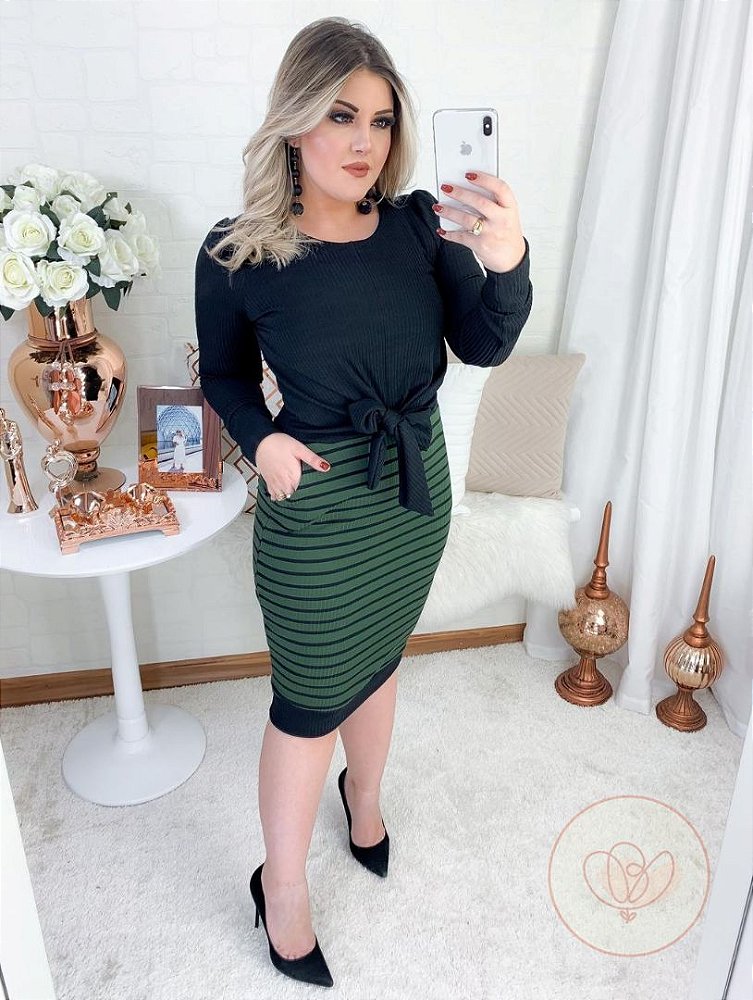 vestido malha canelada manga longa