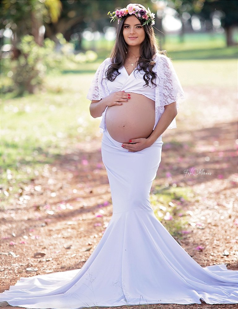 saia longa de renda com cropped gestante