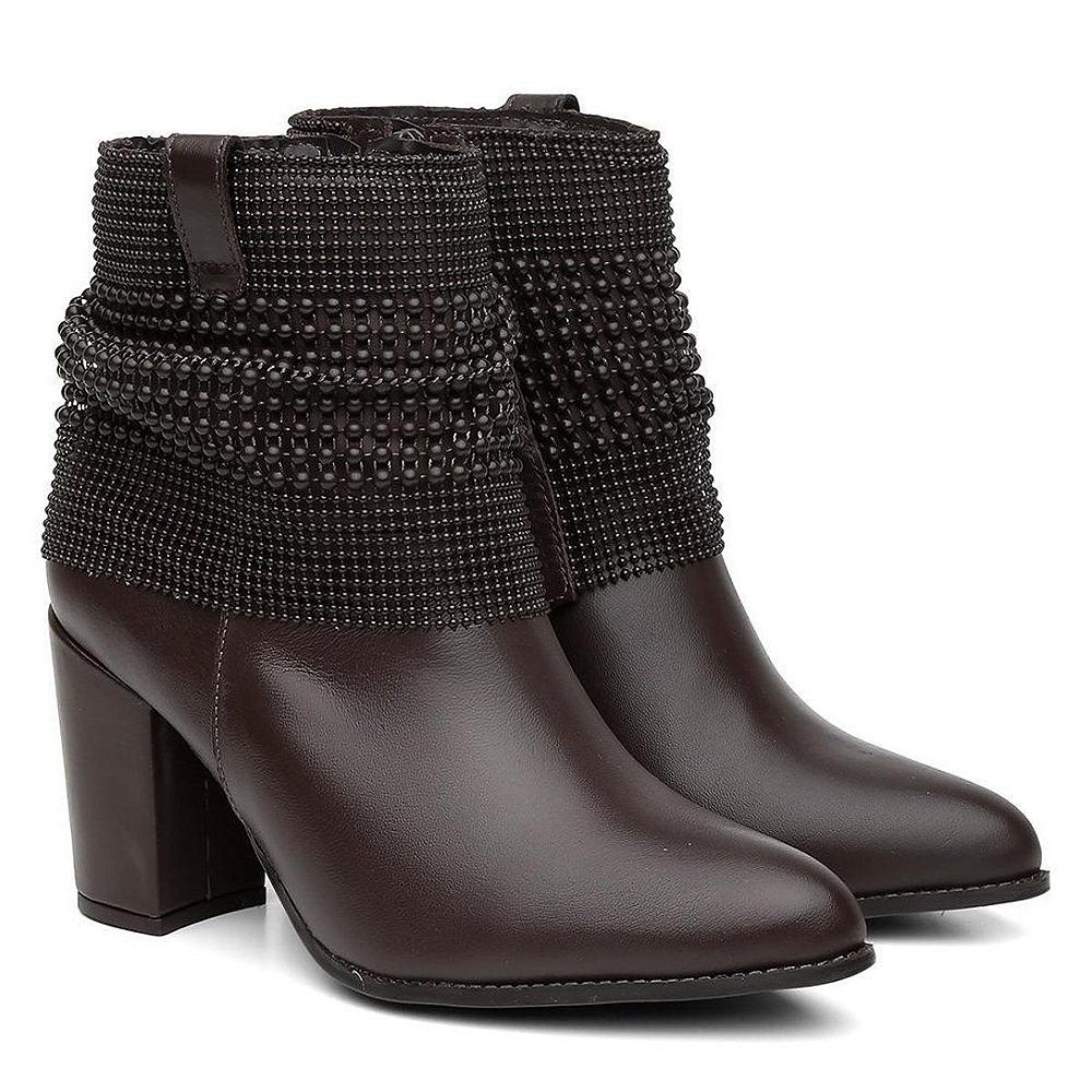 Bota Couro Malha Metal Black Lisa Bico Fino Cano Curto Salto