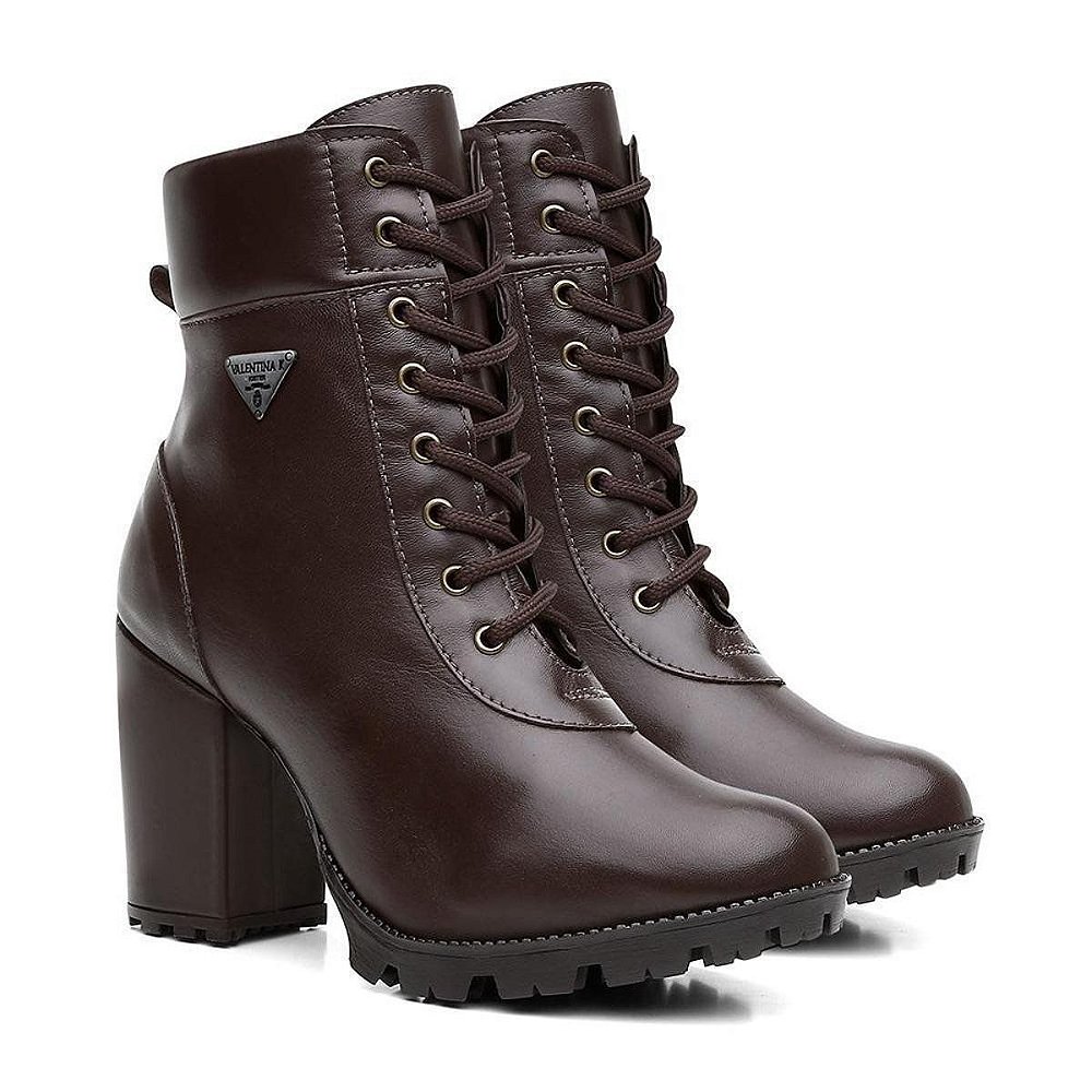 Bota Coturno Feminina Couro Cadarço Cano Médio Macia Casual