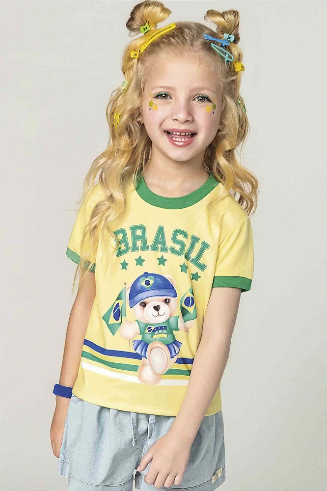 Blusa Infantil Feminina Brasil Ursinho Kukiê - Cute & Bambini Moda Infantil