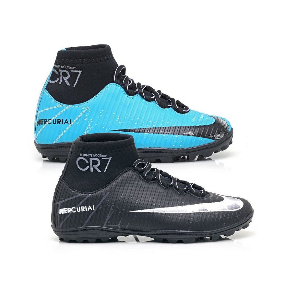 Kit 2 Chuteiras Society Nike Mercurial Cr7 Azul Preto e Preto - DLUXE SHOES  | Escolha Ideial Para você