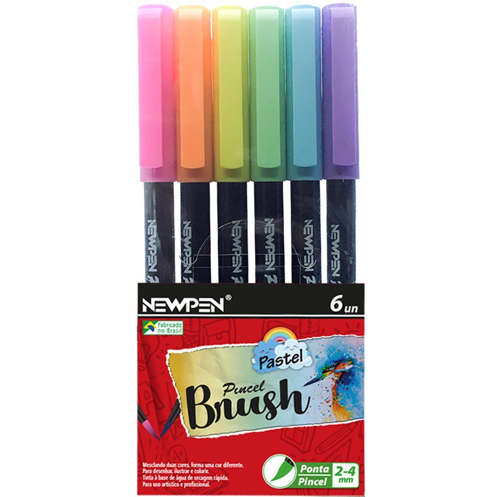 Caneta Pincel Brush Pen c/ 6 Cores Tons Pastel - NEWPEN - Papelaria Miss  Paper
