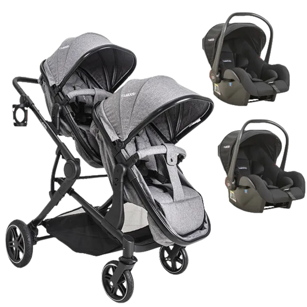 Carrinho de bebê duplo Pair Melange Cinza com bebê conforto