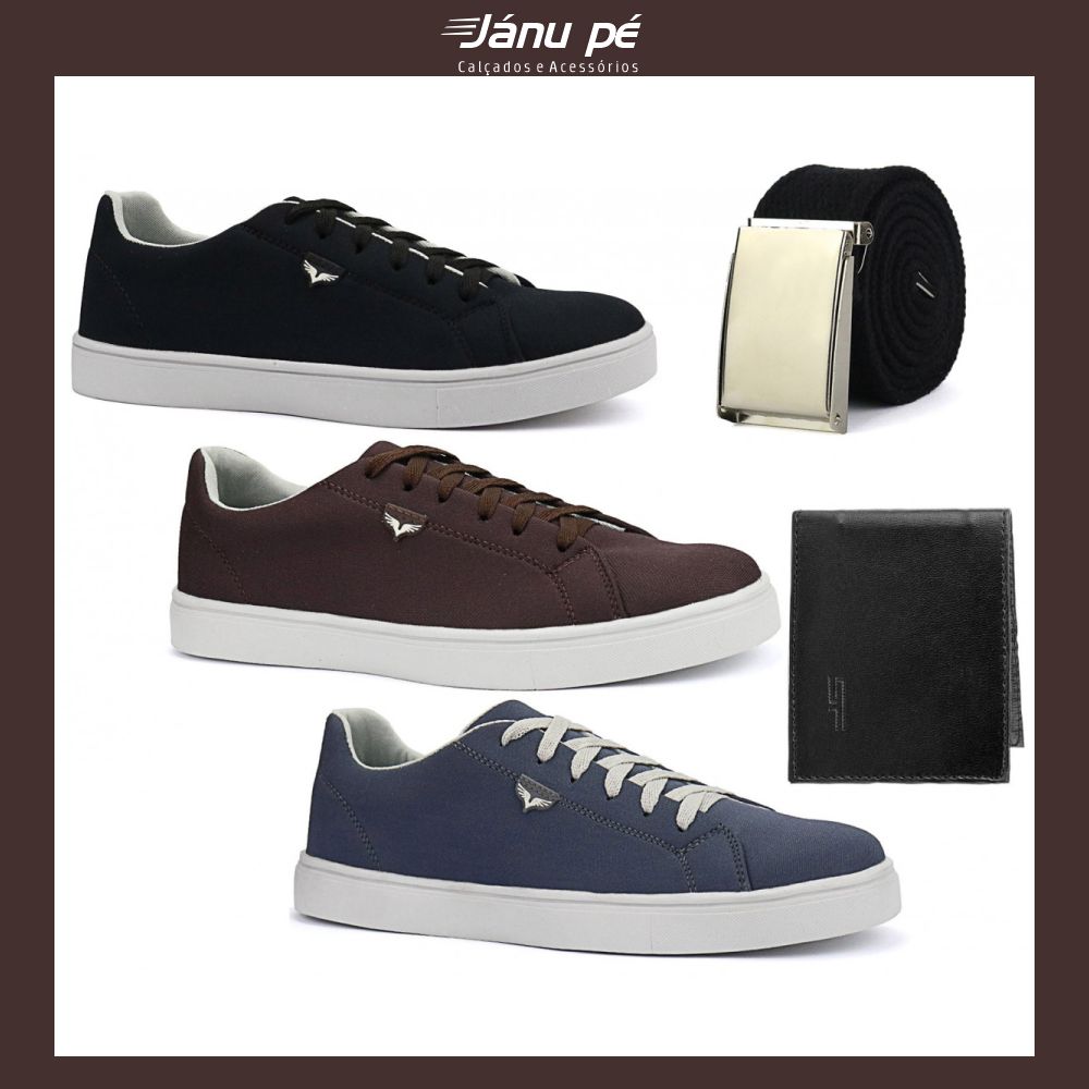 kit 3 pares de sapatênis masculino sapatofran com cinto ajustável e carteira