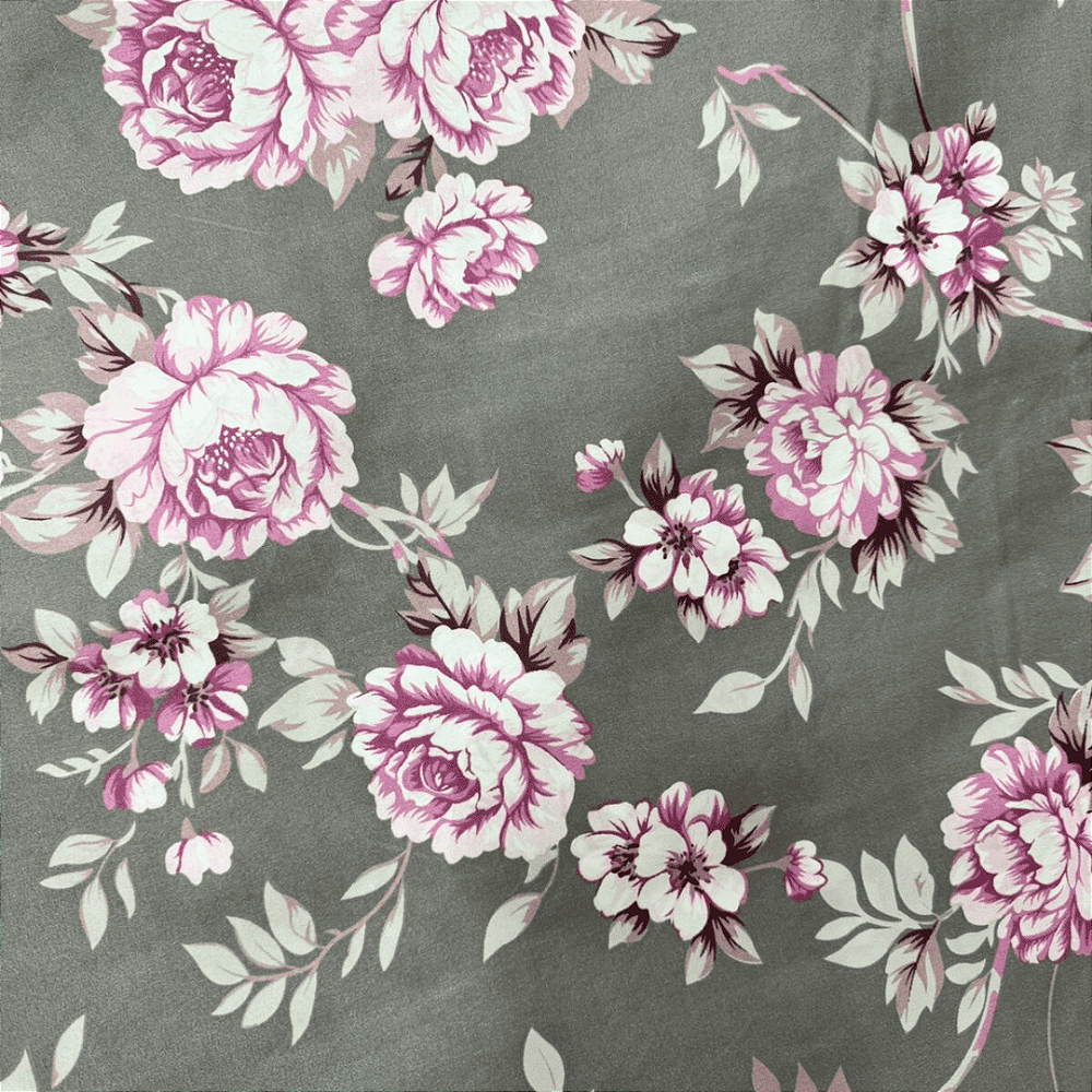 Percal 300 Fios Estampado Poliéster - Ramagem Floral Rosa Fundo Cinza -  2,50m de Largura - Tiradentes Tecidos - Sua melhor opção em tecidos online, image size:1000x1000