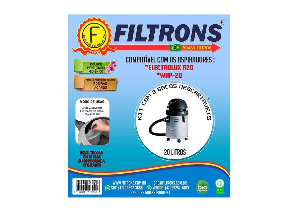Filtro para Aspirador de Pó Electrolux A-20 com 3 peças 20L Filtrons -  Colher de Panela