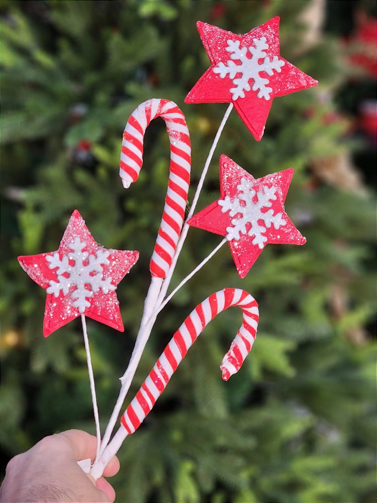 GALHO DECORATIVO BENGALA E ESTRELA 70CM - Senhor Natal GALHO DECORATIVO BENGALA E ESTRELA 70CM - Senhor Natal