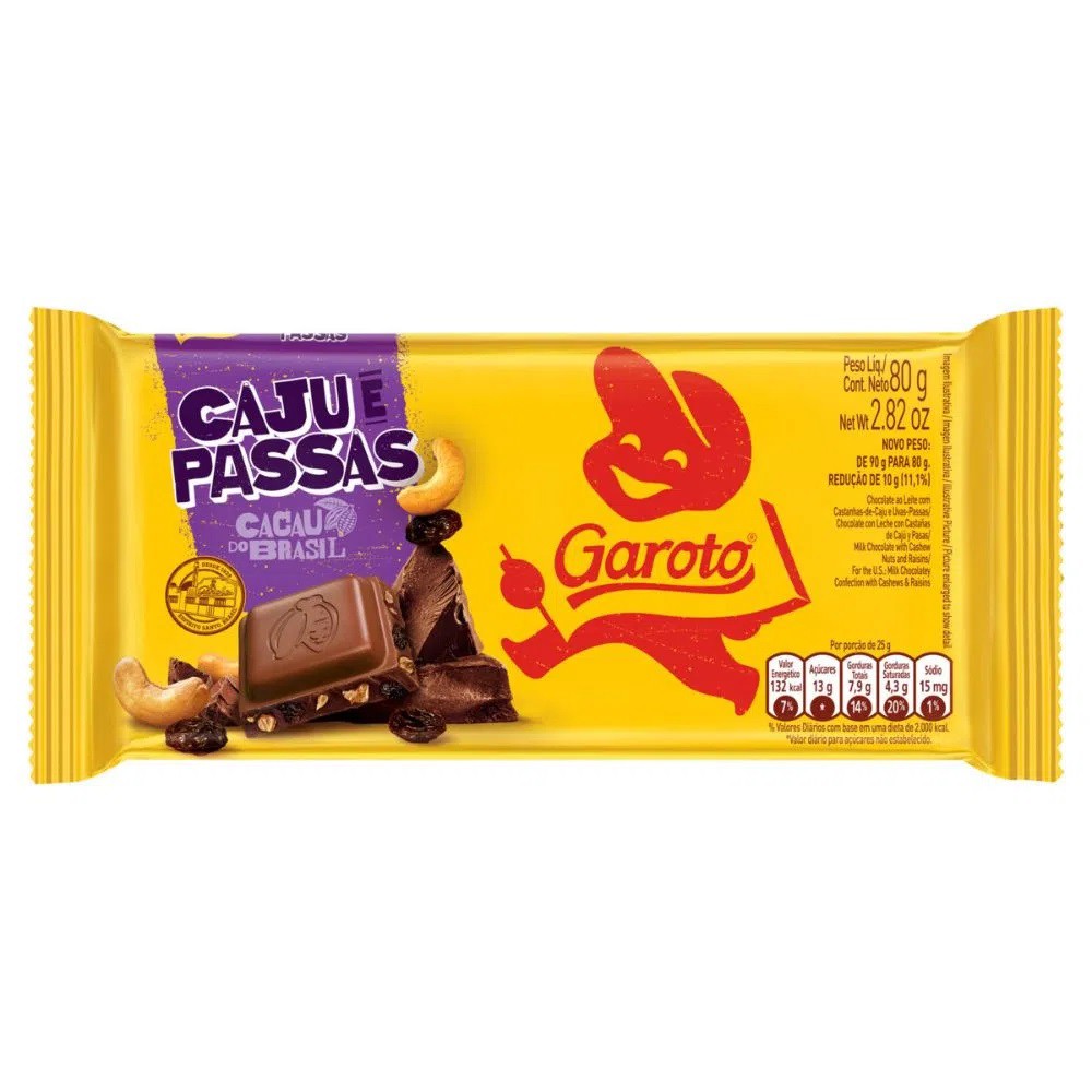 Chocolate Tablete Garoto Caju e Passas Embalagem 1X80 GR Real