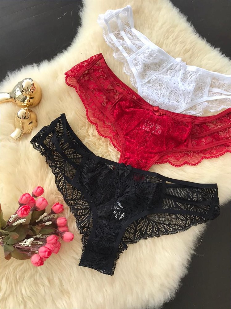 Kit de calcinhas preta, branca e vermelha em renda - Emotion Lingerie -  Encontre a lingerie perfeita para você.