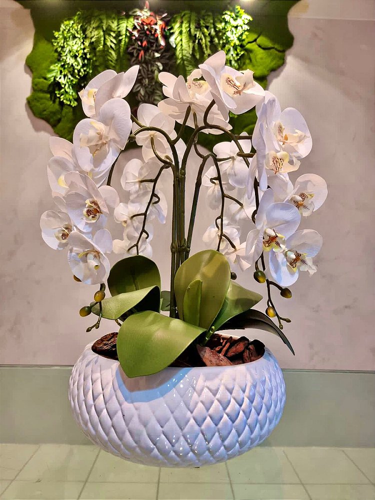 Arranjo Artificial 4 Orquídeas Brancas Vaso de Cerâmica Branco -  Florescer-Decor | FLORESCER DECOR