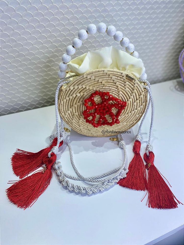 Bolsa de palha Redonda P Gleide- Branco c/ Vermelho - Florela Acessórios e  beleza