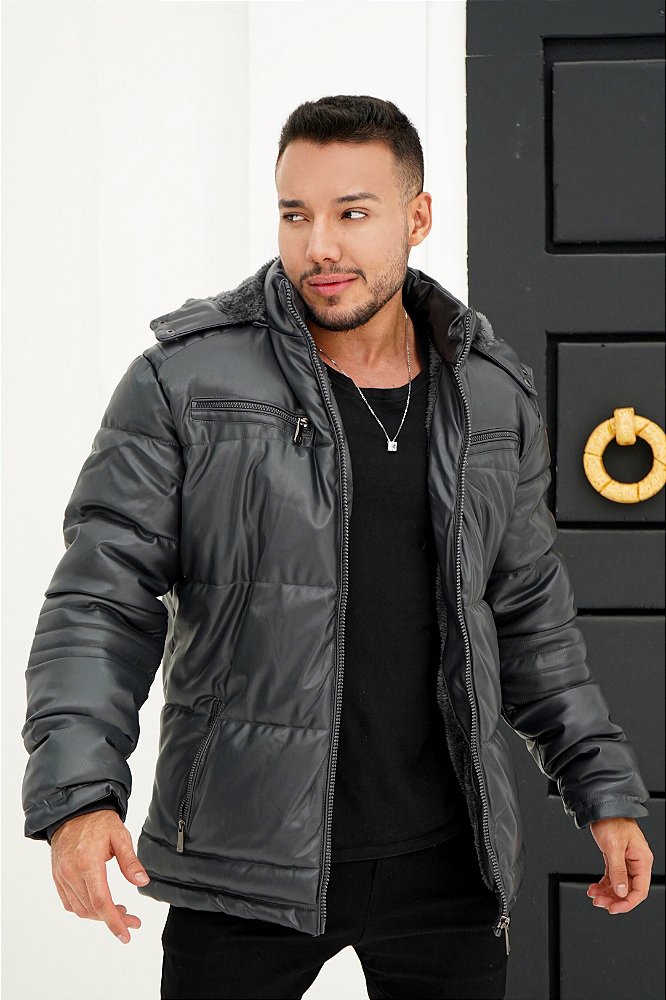 Jaqueta Puffer Couro Bolso Duplo Dennis Beumont