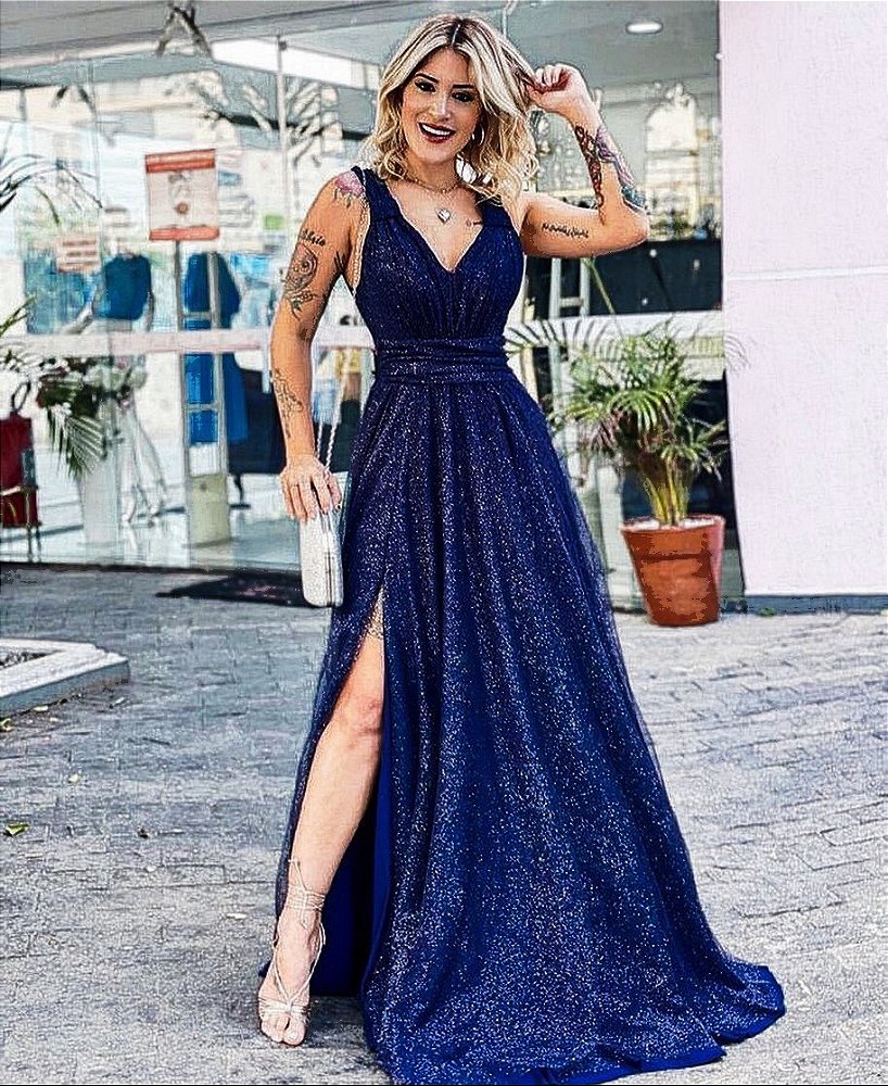 Vestido Azul Marinho Longo com brilho e fenda Madrinha Debutante - Vestidos  de Festas | Marisa Modas | Madrinhas | Formatura | Debutantes