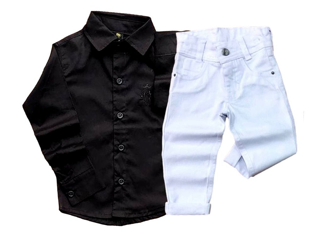 Roupa Social Juvenil Masculino Calça Branca + Camisa Preta 10 12 14 E 16 -  Pó-Pô-Pano