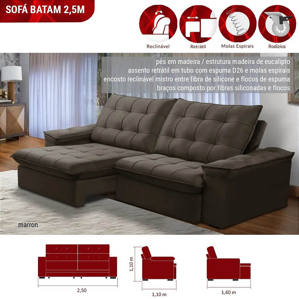 Sofá Retrátil Reclinável Batam 2,5mts Marrom ou Cinza Gcasa