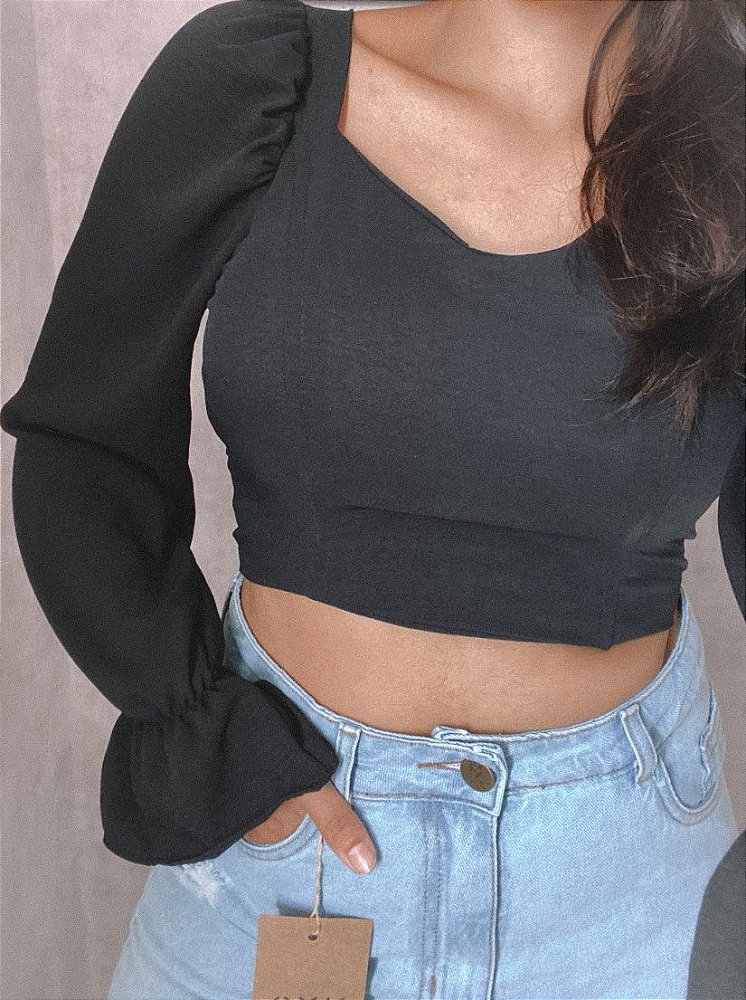 cropped manga longa cinza