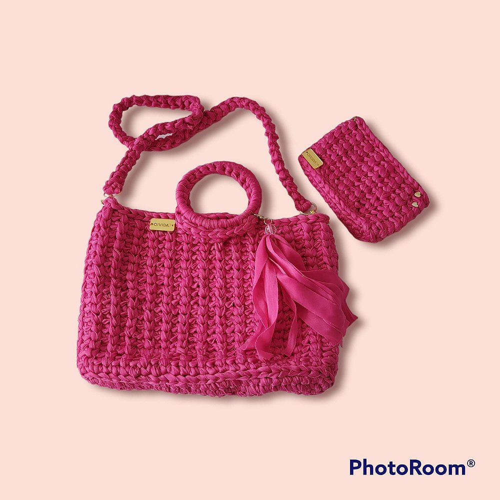 Bolsas de mão feitas em croche- Cor rosa [com fio de malha] - Oivida,  floreiras decorativas em madeira
