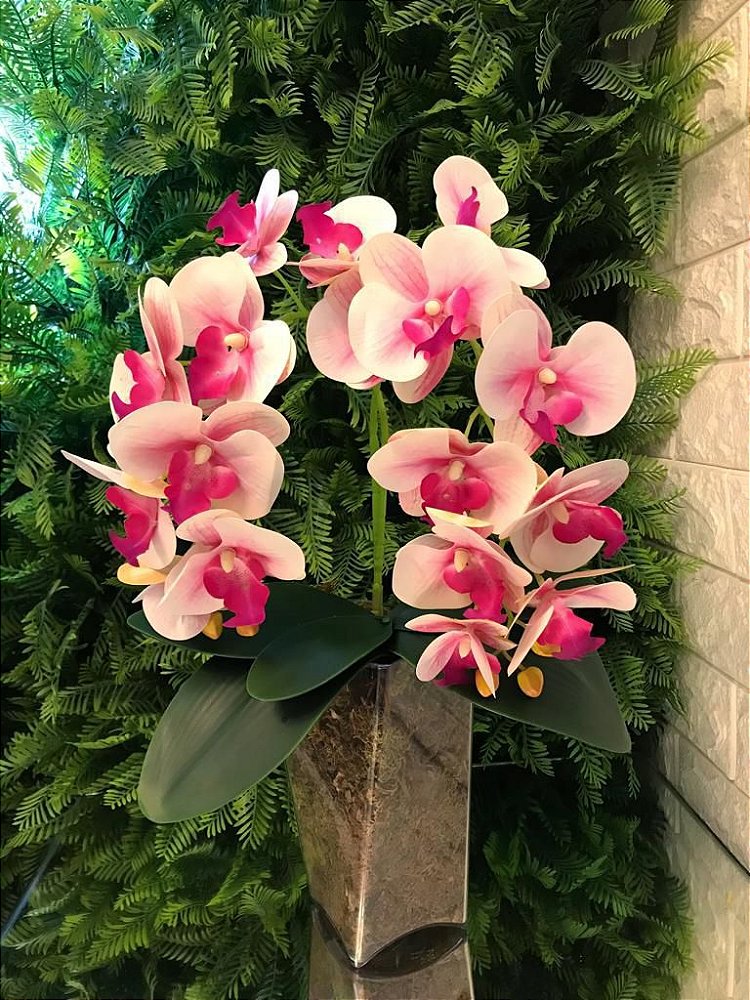 Arranjo completo de orquídea rosa em vaso de acrílico - Loja Harmonia Decor  - Decorações e Presentes