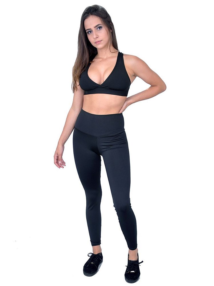 CONJUNTO FITNESS CALÇA LEGGING TOP NADADOR PRETO