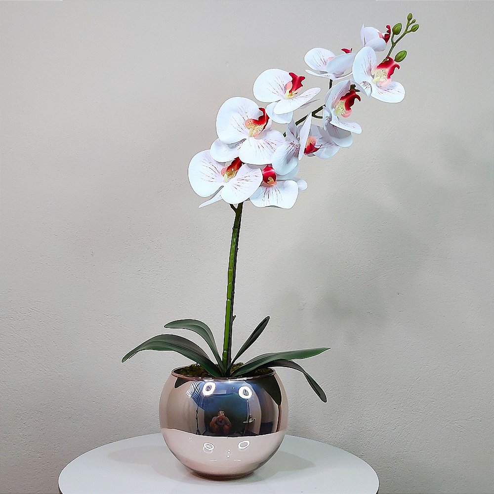 Arranjo de Orquídea Branca Artificial de Silicone no vaso rose gold - Ivy  Flores e Presentes