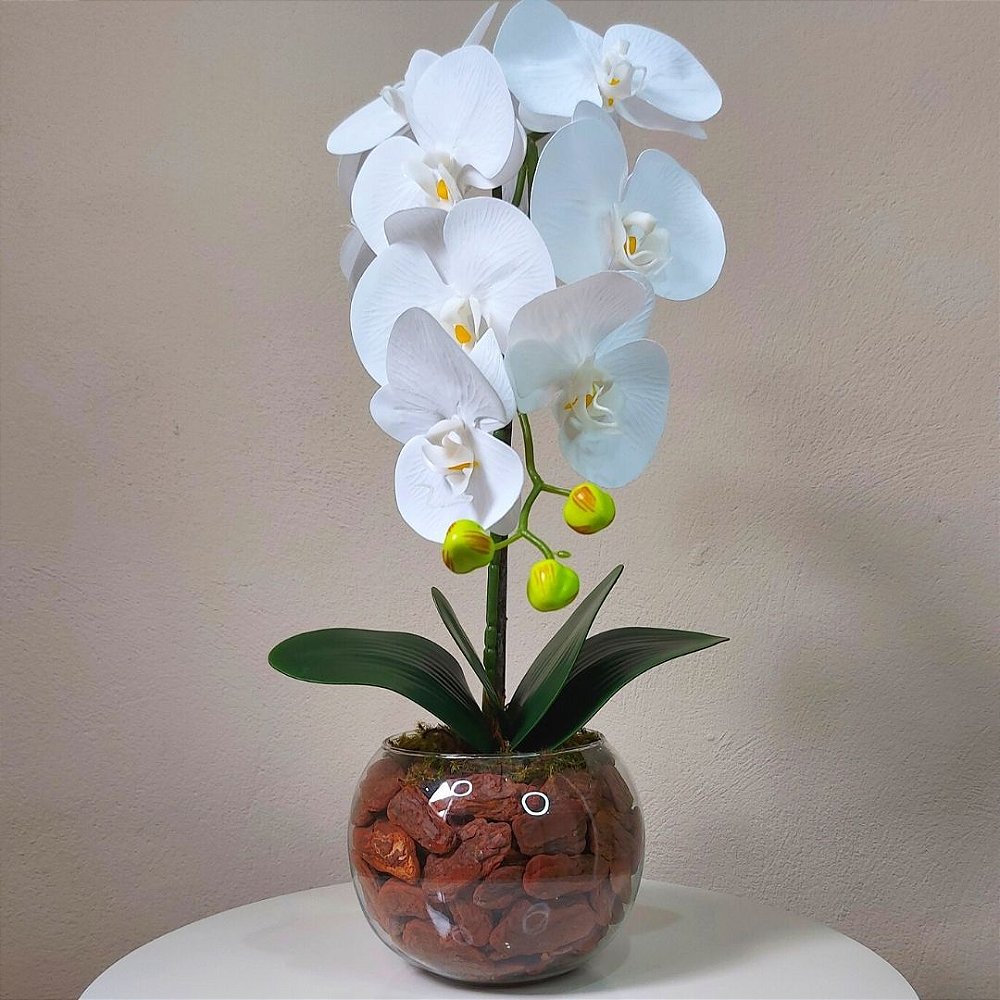 Arranjo de Orquídea Branca de Silicone Artificial no vaso de vidro - Ivy  Flores e Presentes