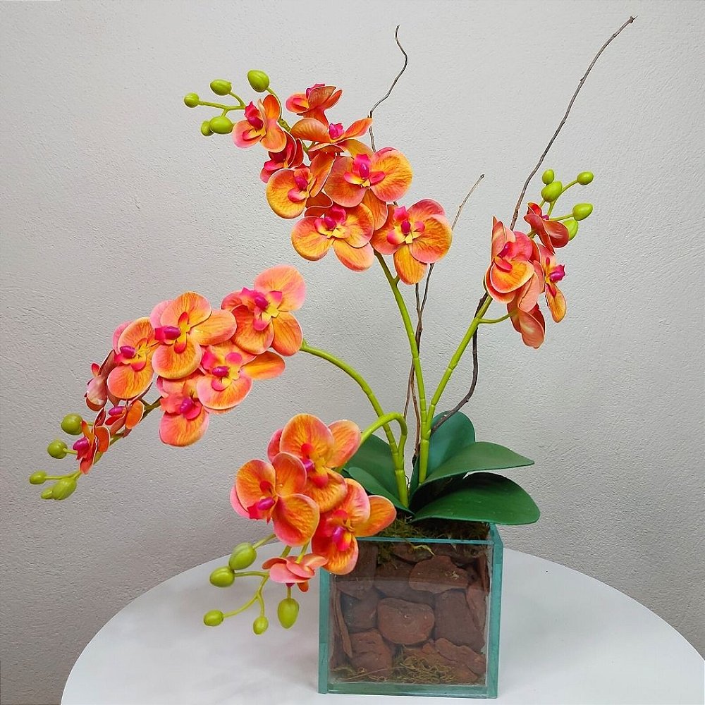 Arranjo Mini Orquídeas Laranjas de Silicone artificial vaso de vidro - Ivy  Flores e Presentes