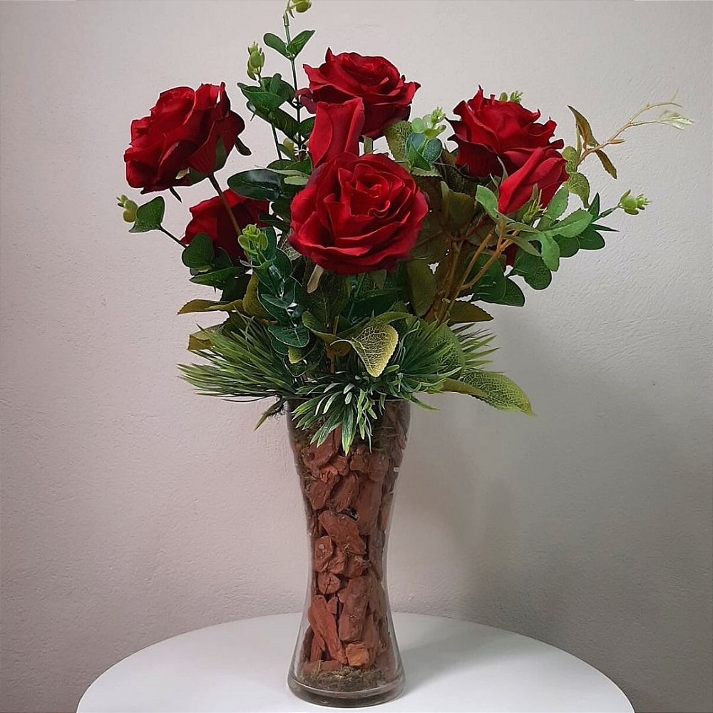 Arranjo de Rosas Vermelhas de seda Artificiais no vaso de vidro - Ivy  Flores e Presentes