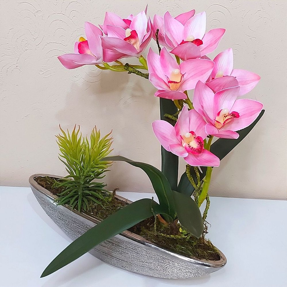 Arranjo de Orquídea Rosa de Silicone Artificial vaso de cerâmica prata -  Ivy Flores e Presentes