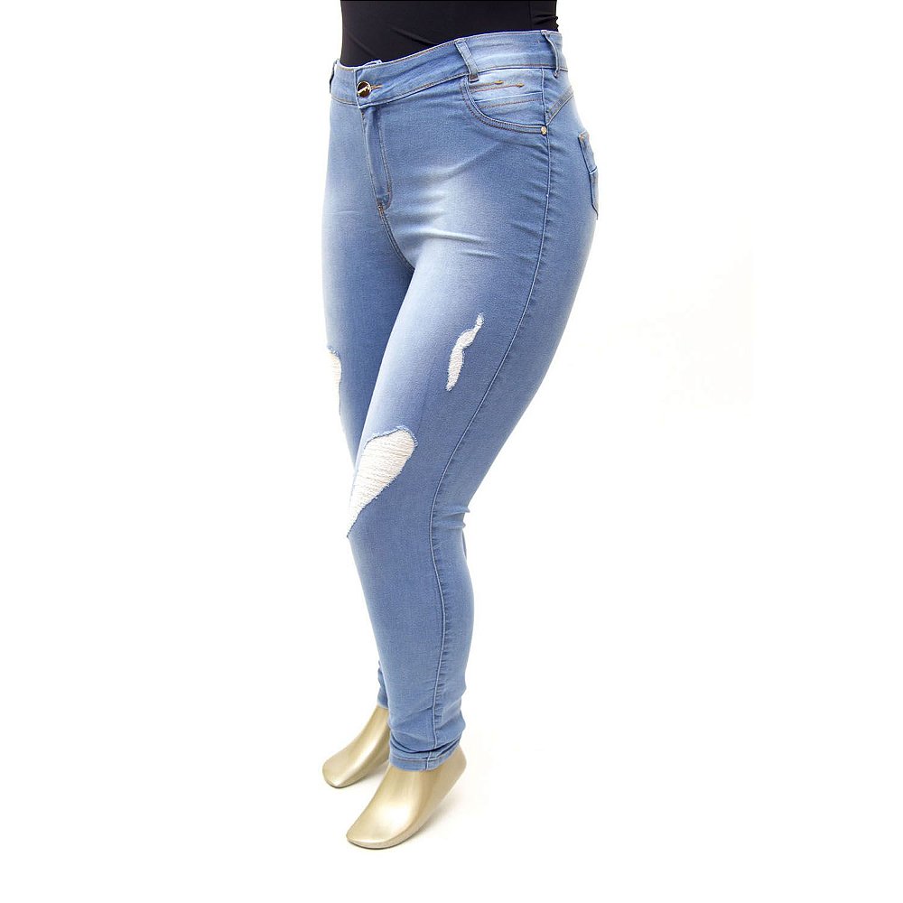 calça jeans cintura alta clara rasgadinha