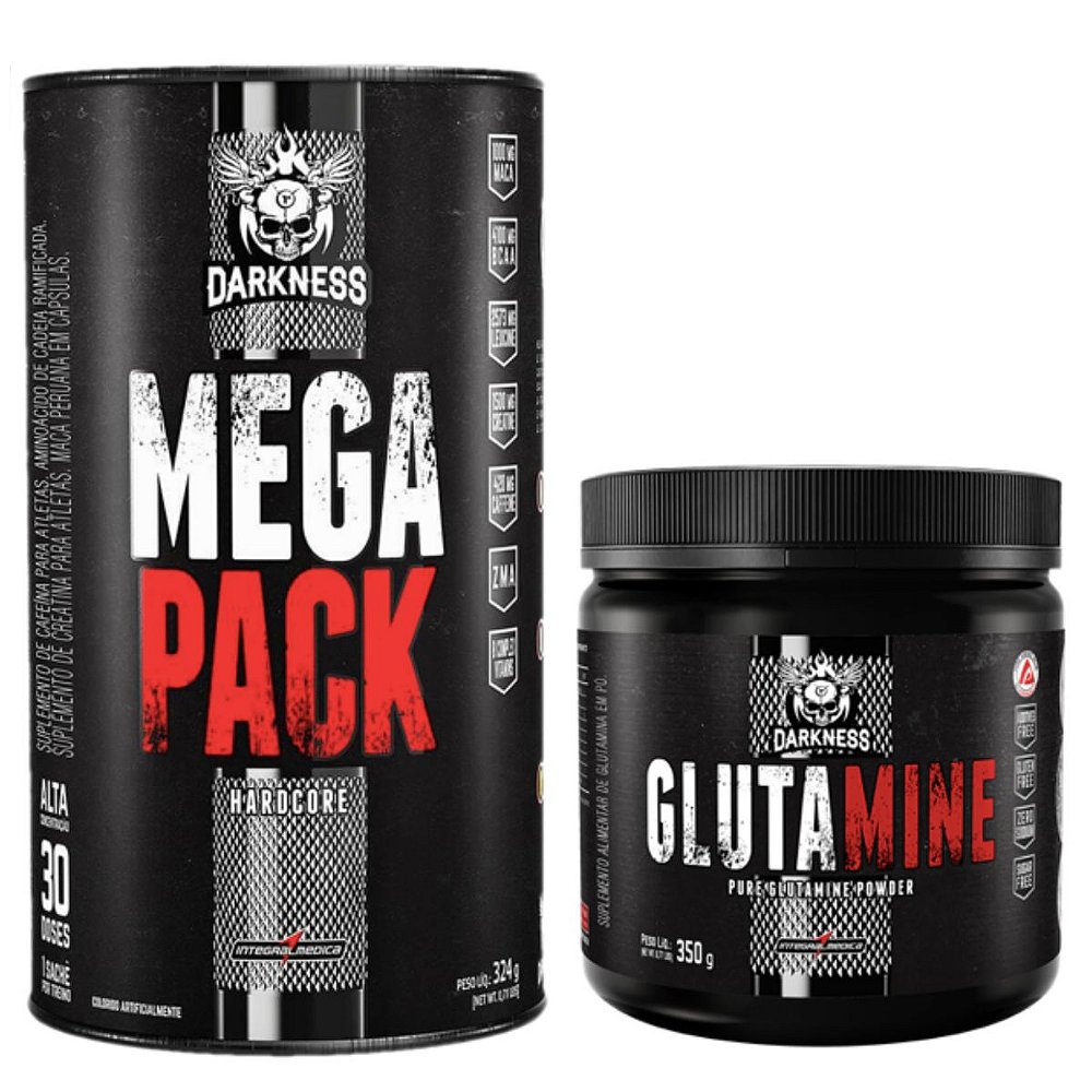 Mega Pack Hardcore 30 Packs- Integral Médica + Glutamina 350g Darkness  Integral - Mais Musculo