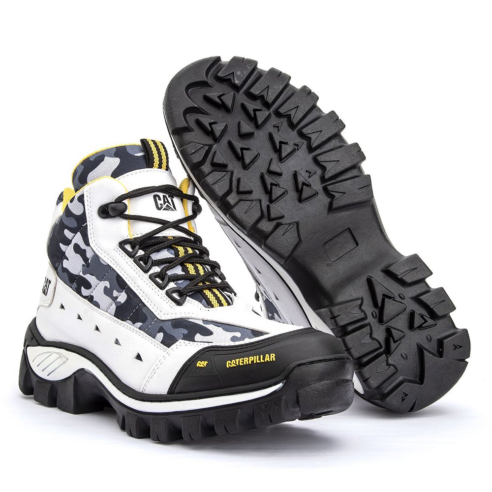 BOTA MASCULINA CATERPILLAR EM COURO LEGÍTIMO CANO MÉDIO - CAMUFLADO/BRANCO  - Loja Cat Boots