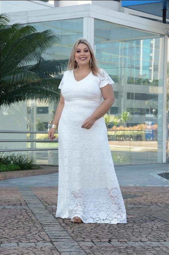 Vestido de Noiva Longo Casamento Civil - Renda, Simples e Elegante - Plus  Renda - Branco - Eu Disse Sim - Eu Disse Sim Vestidos