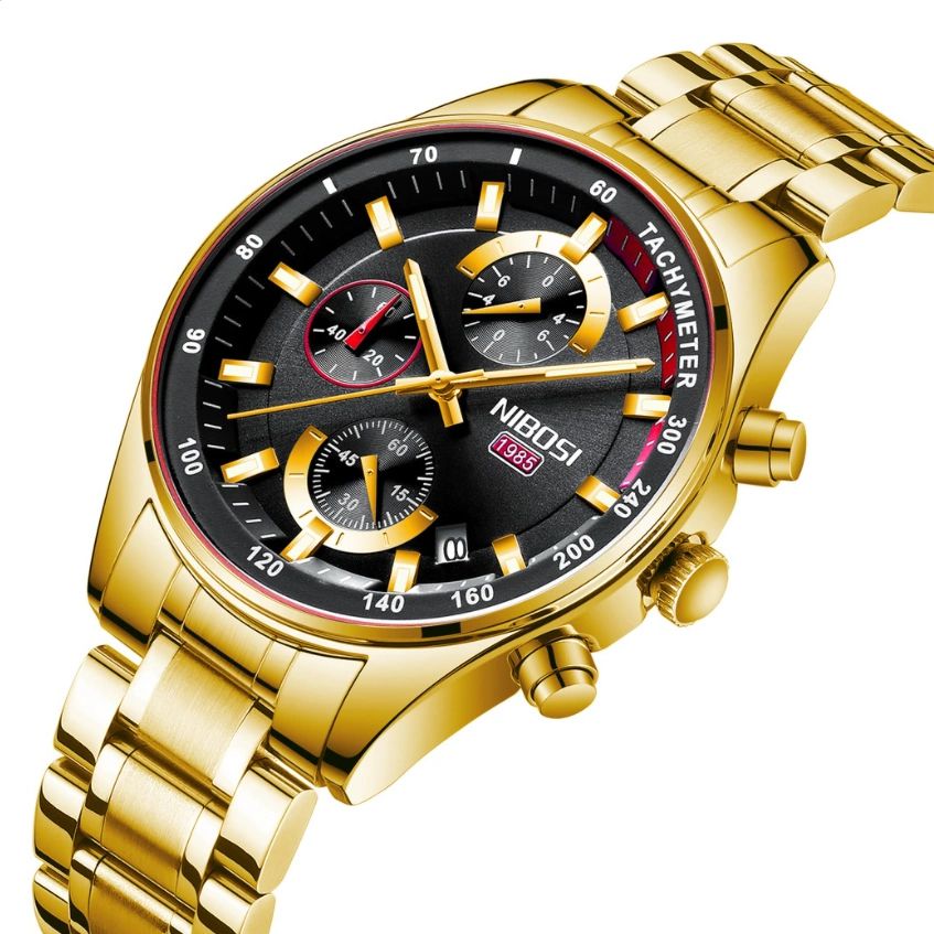 Relógio NIBOSI 1985 Gold + Fundo Preto e Verm., Resistente à água,  Masculino - Rei Urso - Importação \u0026 Tecnologia