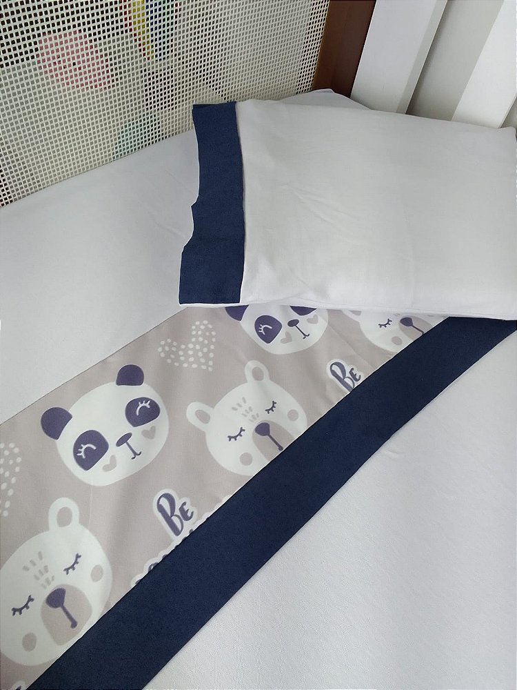 Jogo de Lençol em Malha Panda Marinho 03 Peças - Enxovais para Bebê