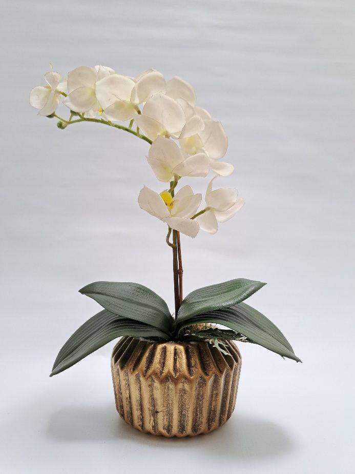 Arranjo Orquídea Branca no Vaso Geom Dourado Envelhecido - VerdeArt