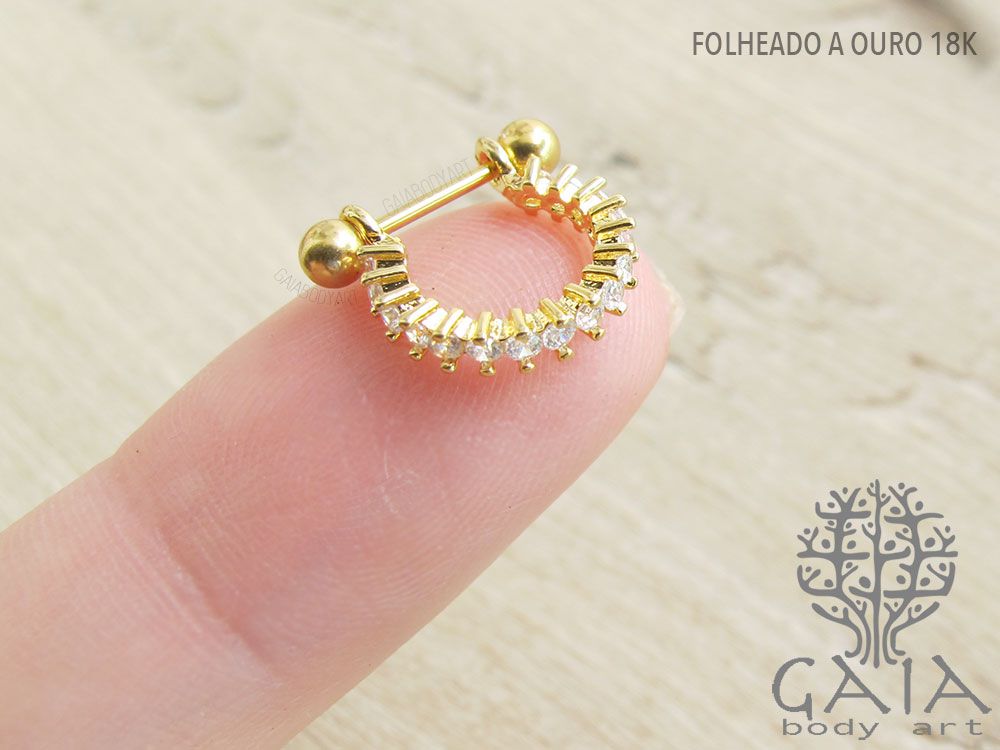 Barbell Helix Adorno Semi Circular Dourado Cravejado Zircônias Kashvi