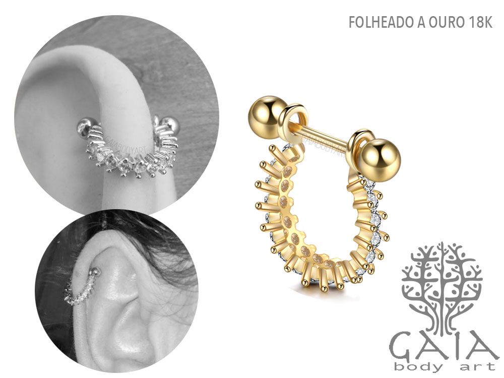 Barbell Helix Adorno Semi Circular Dourado Cravejado Zircônias Kashvi