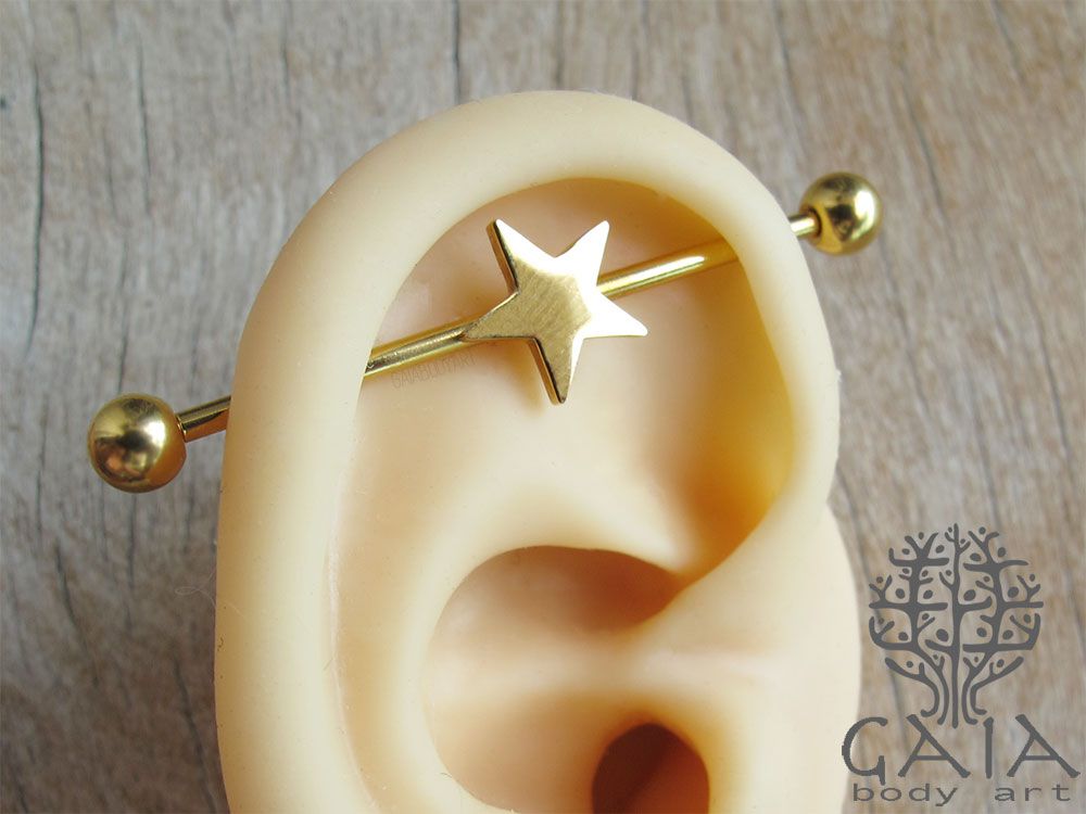 Piercing Barbell Transversal Industrial Aço Cirúrgico PVD Dourado