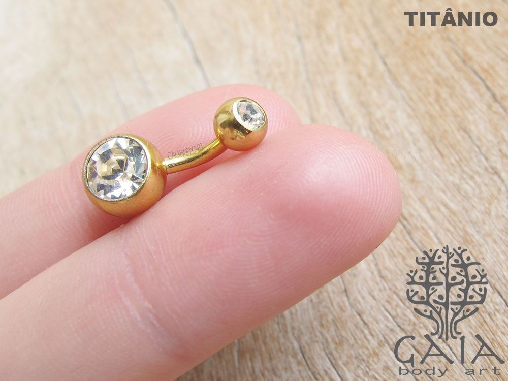 Piercing Umbigo Barbell Banabell Titânio Dourado Esferas com Zircônias