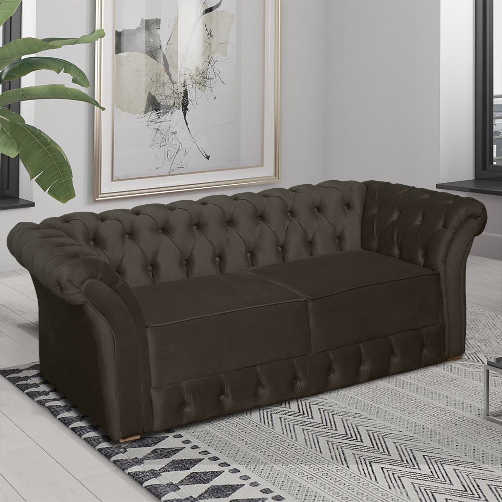 SOFÁ CHESTERFIELD 2 LUGARES VELUDO MARROM 185 CM DE COMPRIMENTO - VH MÓVEIS