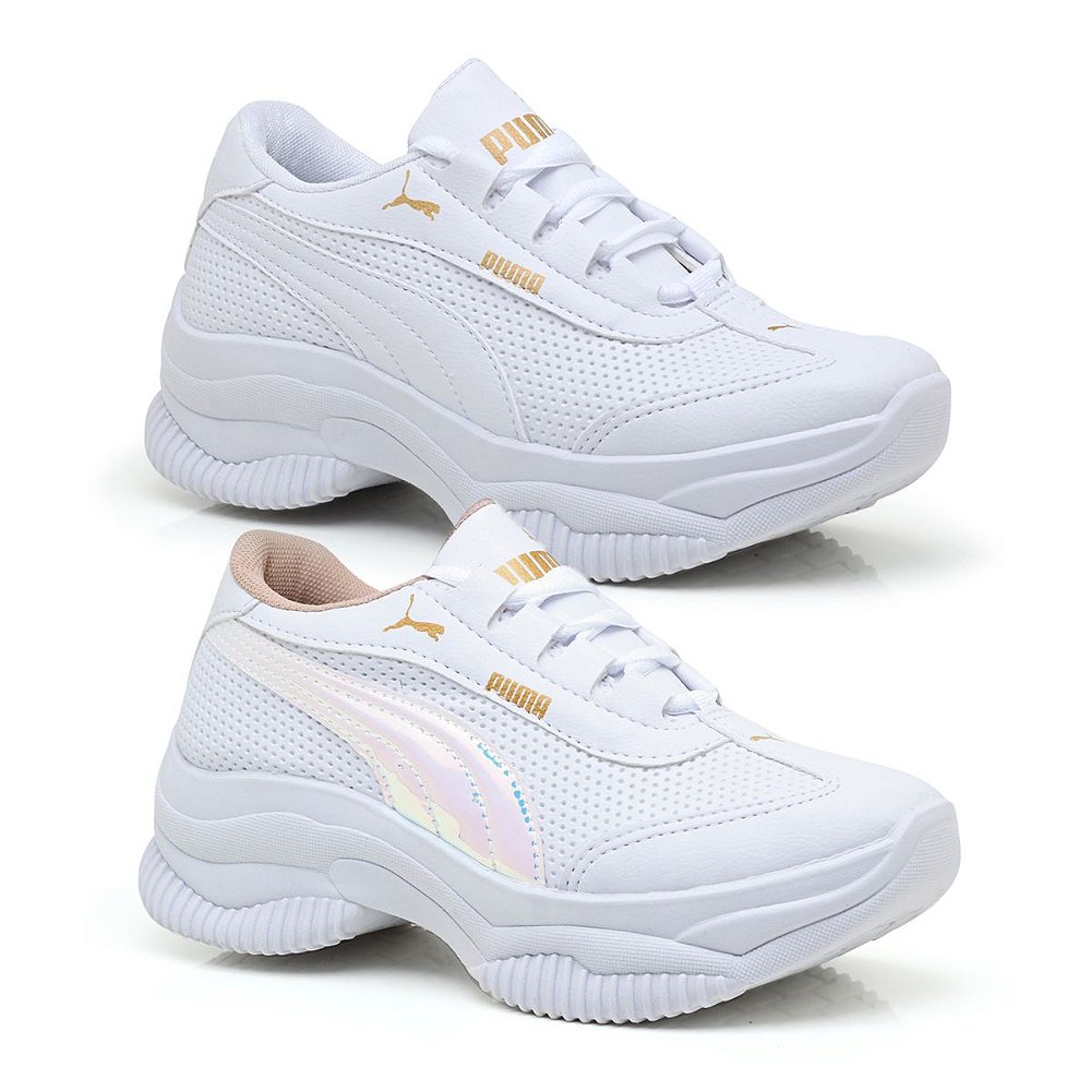 Kit 2 tênis Puma feminino plataforma Branco Holográfico e Branco Furado -  Duster shoes